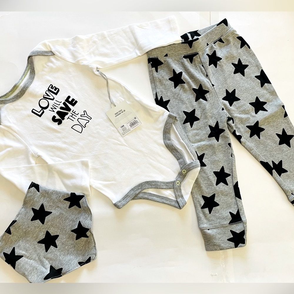 3/$20 Cloud Island grey and white pants, top and bib for new born baby